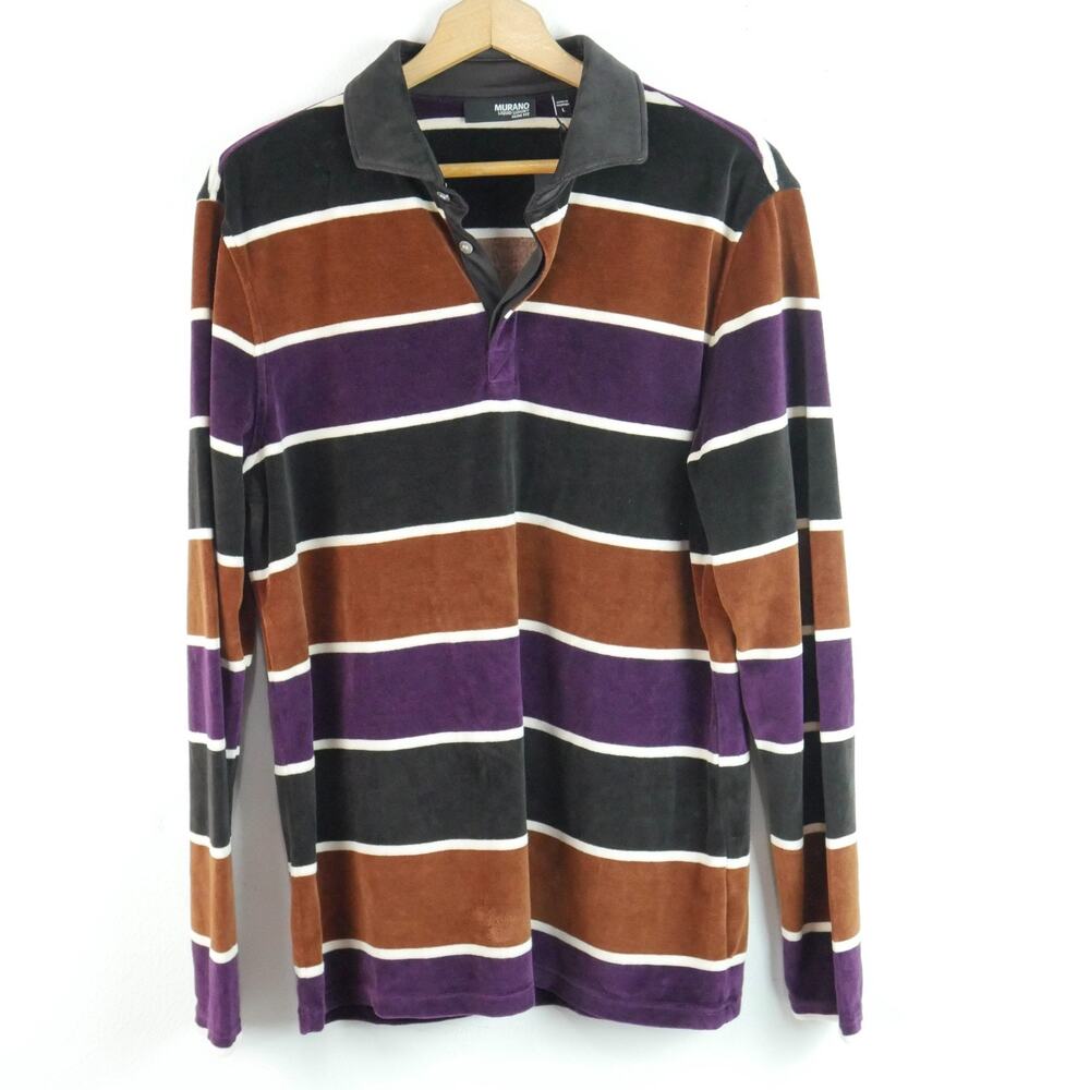Murano Men's Medium‎ Velvet Rugby Shirt Polo Stripe Retro Preppy Pullover Shirt